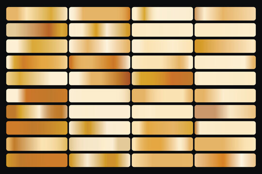 Metalic gradient collection with shiny gold hologram. Holographic foil texture, gold rose, brown and golden gradation. Vector set for frame, ribbon, border, other design