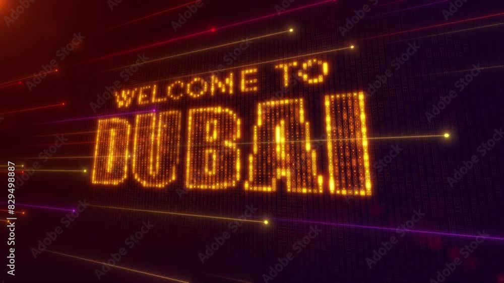 Poster abstract futuristic motion orange purple shiny perspective square hud mosaic grid of welcome to duba
