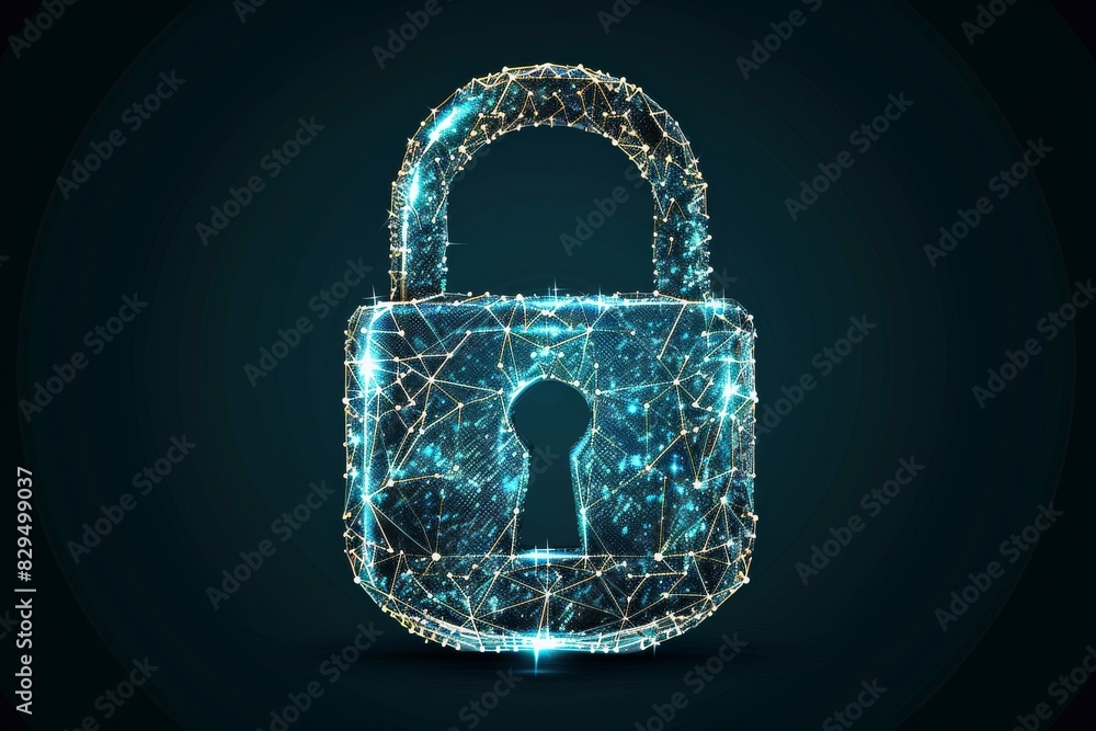 Poster holographic padlock composed of digital particles, representing futuristic cybersecurity and data pr