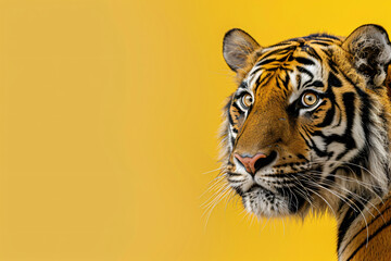 A tiger is looking at the camera through a yellow wall. The tiger is the main focus of the image, and the yellow wall serves as a contrasting background. Concept of curiosity and wonder