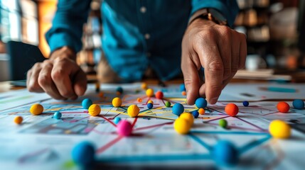 Obraz premium Close-up of hands placing colorful push pins on a map, representing strategy and planning.