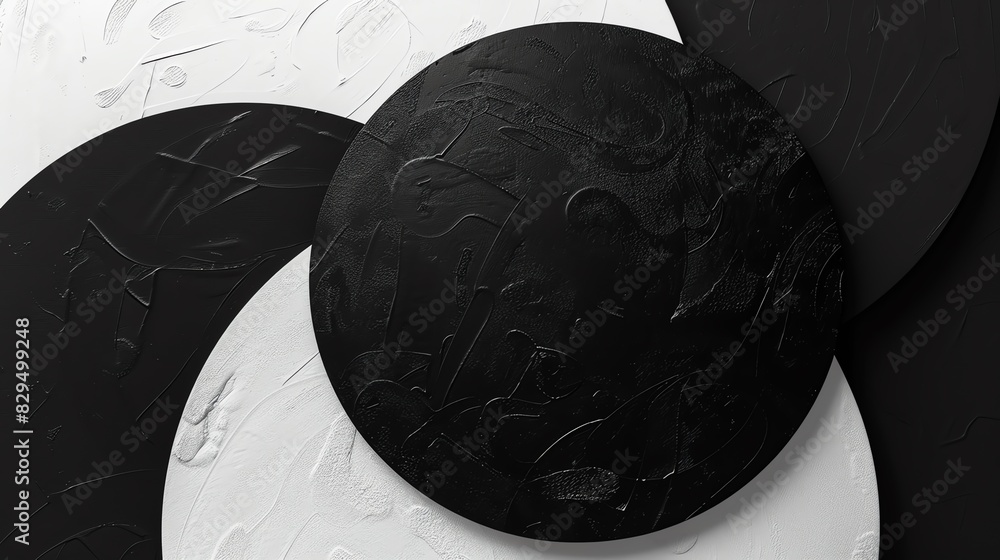 Poster abstract black and white textured circle design, overlapping circular patterns, modern and minimalis