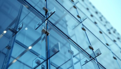 Abstract close-up of a modern glass building facade with reflective panels and metal structures, highlighting architectural design and transparency. - Powered by Adobe