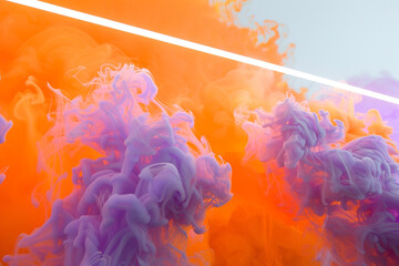 Playful event atmosphere created by vibrant orange smoke with lavender neon accents.