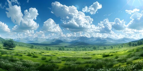 Beautiful green landscape with mountains in the distance