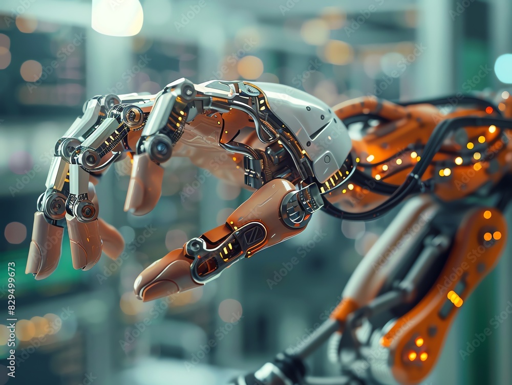 Poster close-up of a high-tech robotic hand in a data center, illustrating advancements in artificial intel