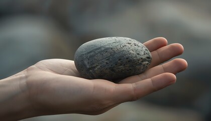Close-up of a hand holding a smooth, grey stone. Outdoor setting with blurred background. Concept of nature and simplicity.
