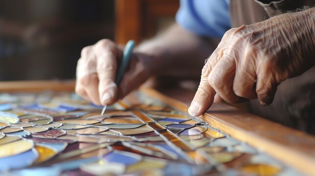 Close-up of hands crafting a colorful stained glass piece, showcasing the intricate details and artisanal craftsmanship involved in the creation process.