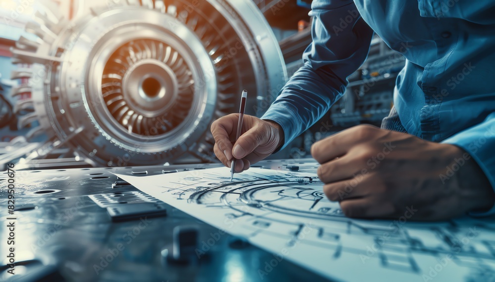 Poster engineer designing machinery on blueprint with industrial engine in background. concept of innovatio