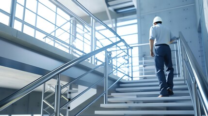 Engineer with a hard hat walking up a modern stairwell in a commercial building, highlighting architectural design and workplace safety.