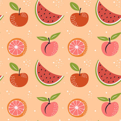 Seamless pattern with fruits. Watermelon, peach, apple and  grapefruit on pastel background.