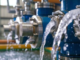 Industrial water pipes with flowing water in a manufacturing facility. Concept of clean water supply and industrial equipment.