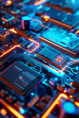 Fototapeta premium A detailed view of a circuit board with clean lines and glowing blue accents.