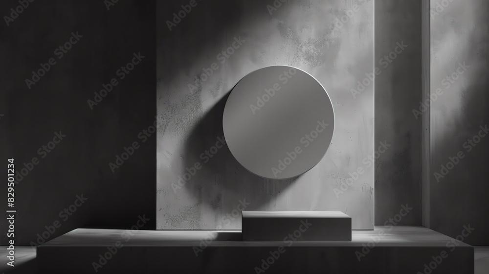Poster a minimalistic circular sculpture in a monochrome setting, casting a soft shadow, perfect for themes