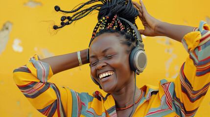  Close-up Portrait of a adorable curly beautiful African American woman joyfully listening to music on a cell phone. with Copy space banner. girl happy smiling wearing headphone. Lifestyle Concept