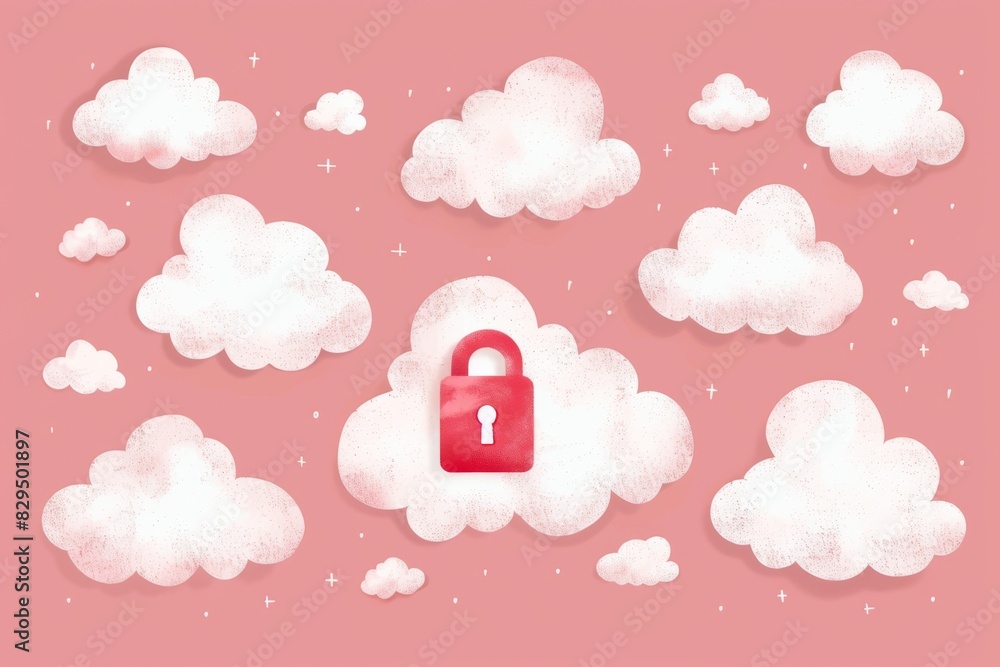 Poster red digital lock floating among clouds, emphasizing secure cloud storage and data protection.