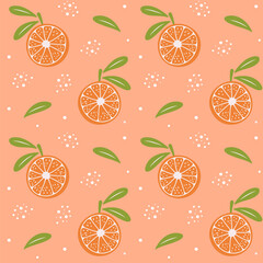 Seamless pattern with citrus fruit and leaf on pastel background. Oranges seamless pattern.