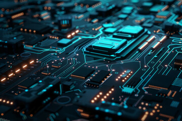 A detailed view of a circuit board with clean lines and glowing blue accents.