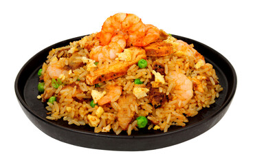 Chinese special egg fried rice meal with prawns and Char Sui pork meat