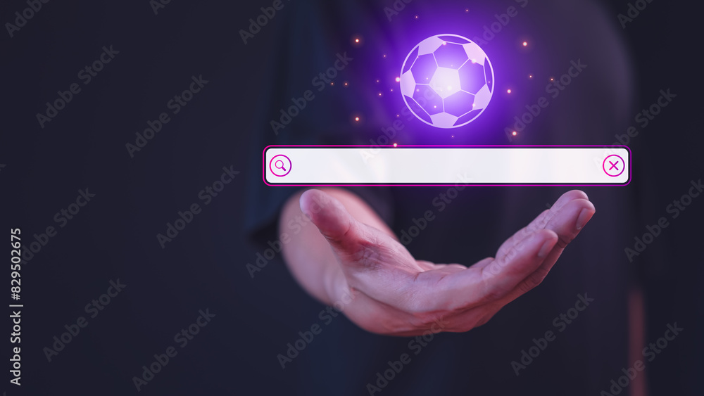 Poster Male hand showing the internet search bar. SEO technology networking engine optimization internet with search bar. Searching browsing internet data information for Football live program concept.