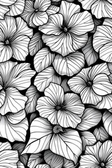 The image is a black and white drawing of a flower garden