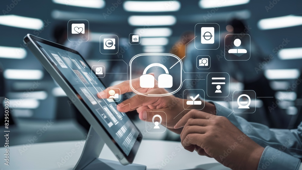 Poster a person is using a tablet computer with icons on it, ai