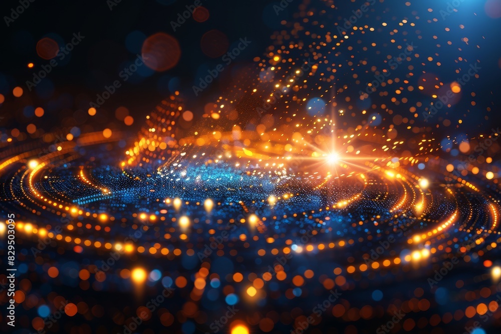 Poster golden light particles forming a padlock shape, representing the integration of data security and di