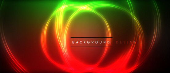 Neon glowing circle rays, light round lines in the dark, planet style neon wave lines. Energetic electric concept design for wallpaper, banner, background