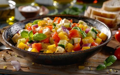 Colorful Tuscan panzanella salad with fresh vegetables, herbs, and toasted bread on a rustic wooden table.