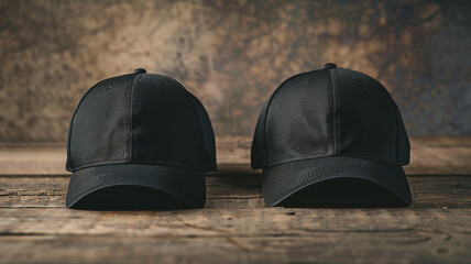 Two black baseball caps on wood