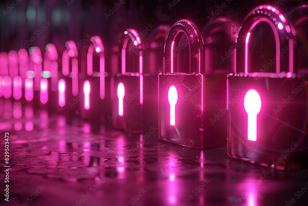 Aufkleber neon pink padlocks in a row, illustrating the concept of strong data encryption and cybersecurity in