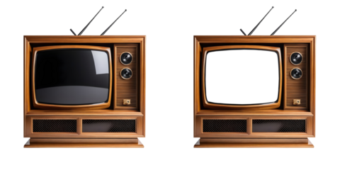 Retro wooden TV box with frame screen cut out, isolated on transparent background. Ideal for vintage designs, nostalgic themes, and creative projects.