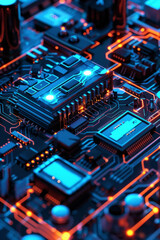 A detailed view of a circuit board with clean lines and glowing blue accents.