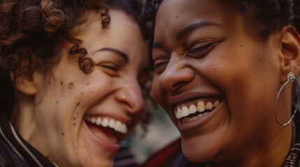A close-up of two friends laughing together, their faces full of joy and connection.