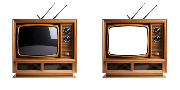 Retro wooden TV box with frame screen cut out, isolated on transparent background. Ideal for vintage designs, nostalgic themes, and creative projects.