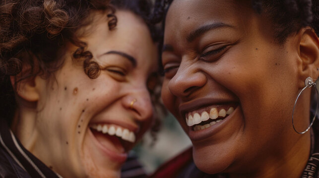 A close-up of two friends laughing together, their faces full of joy and connection.