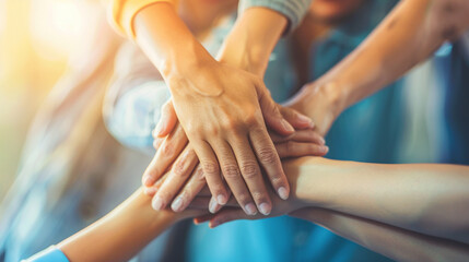 A close-up of a group of friends' hands stacked on top of each other in a gesture of solidarity.