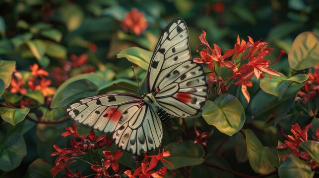Delias eucharis and vibrant red flowers The common Jezebel or pierid butterfly