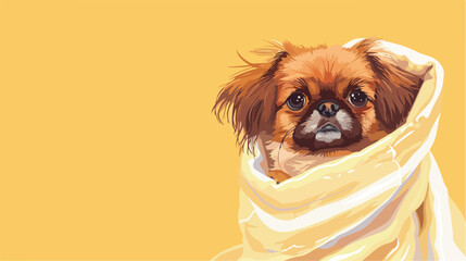 Cute Pekingese dog wrapped in towel on yellow background