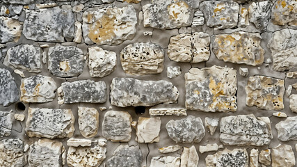 Ancient stone wall of an 18th century castle or fortress with weathered and cracked bricks in close-up view