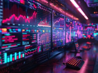 High tech trading room filled with vibrant data screens displaying financial graphs and charts representing modern finance and technology