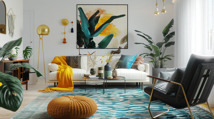 a bohemian-inspired Mid-Century Modern living room with black and white furniture pieces, accessorized with bold mustard yellow