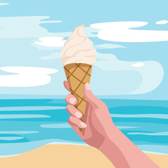 Hand Holding Ice Cream on The Beach Summer Vacation Illustration