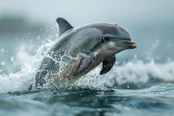 A baby dolphin jumping out of the water with a splash