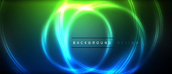 Neon glowing circle rays, light round lines in the dark, planet style neon wave lines. Energetic electric concept design for wallpaper, banner, background