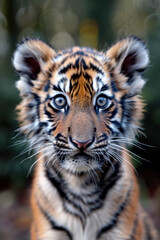 A close-up of a baby tiger looking curiously at the camera