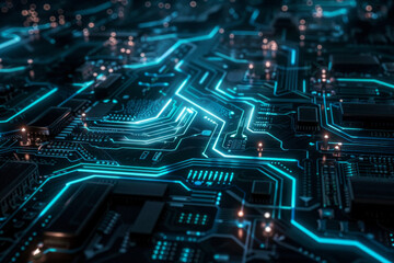 A detailed view of a circuit board with clean lines and glowing blue accents.