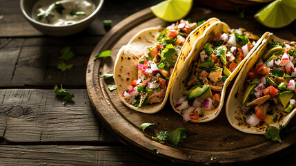 tacos , with empty copy space, minimalist, traditional, dining room, natural light, professional food photography,