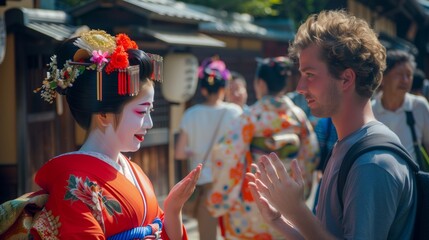 舞妓と交流する外国人観光客
