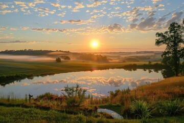 A picturesque scene of a sunrise over a tranquil landscape, promising new beginnings and opportunities.